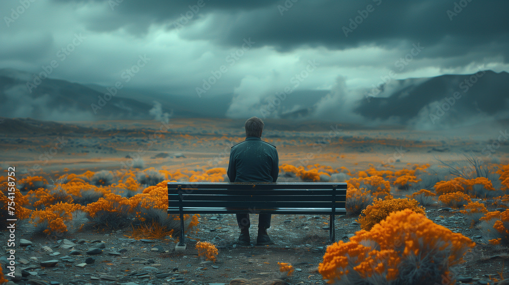 Lonely Man Sitting Alone on a Bench. Loneliness Concept. Generative AI.