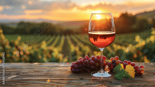 A glass of wine and a bunch of grapes lie on the table, against the backdrop of a landscape with vineyards