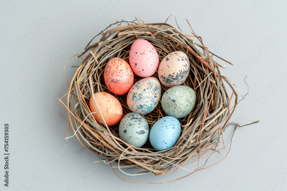 Obraz premium A birds nest with pastel Easter eggs, each uniquely painted with unique pattern on a solid background