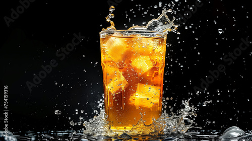 A glass of iced tea is placed on the table with water splashes in the background, Ai generated Images