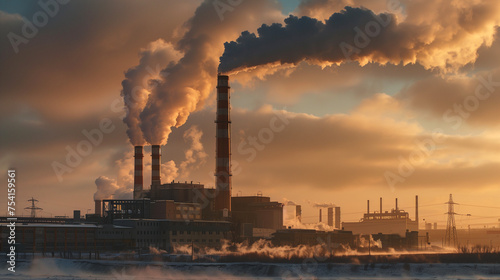 industrial view of factory with smoke coming out of chimney. Ai generated Images