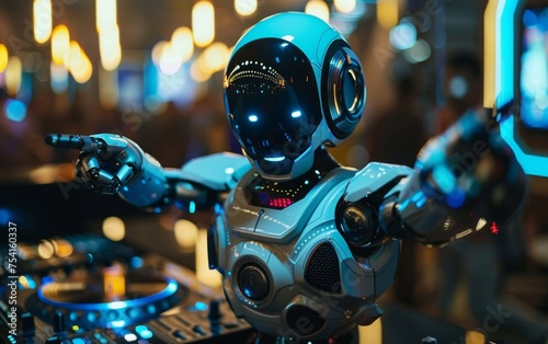 Robot DJ rocks the club with sick beats on the turntables, keeping the EDM party going all night long.