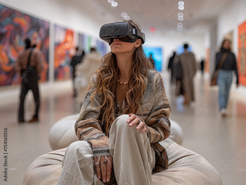 A woman wearing VR glasses sits on a super-soy bag chair in the center of the gallery A woman wearing VR glasses sits on a super-soy bag chair in the center of the gallery