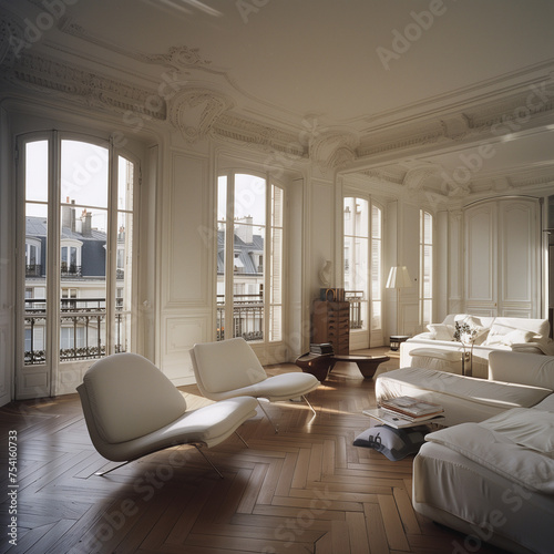 Luxurious Parisian apartment featuring ornate moldings, herringbone floor, and modern furniture, with a view of the city. © Paul Alice
