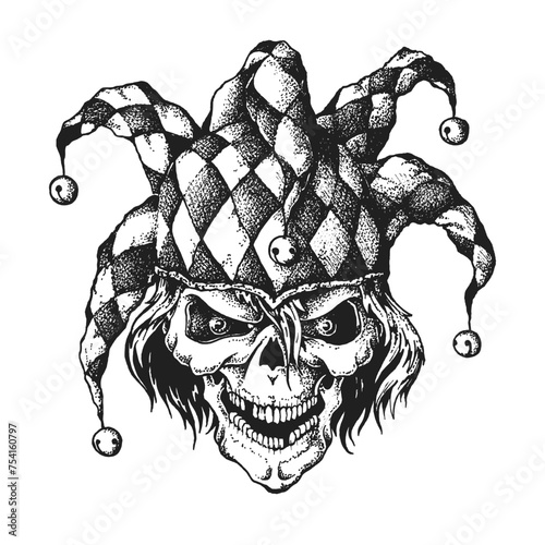 Jester Clown Skull Wearing Joker Fool's Cap with Bells. Print or Tattoo Design. Vintage Hand Drawn Vector Illustration