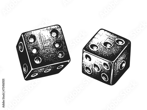 A Pair of Dice for Board Role-Playing Games or Gambling. Print or Tattoo Design. Vintage Hand Drawn Vector Illustration