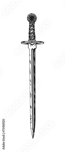 Ancient Medieval European Decorated Sword. Print or Tattoo Design. Hand Drawn Vector Illustration