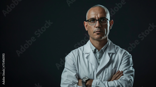 Confident in his medical attire against a dark backdrop, the man exudes professionalism and expertise, a beacon of knowledge and care.
