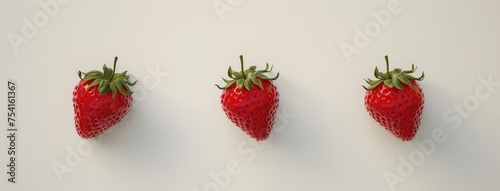 Three Fresh Strawberries Lined Up on Neutral Backdrop