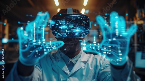 Scientists and VR or futuristic glasses for healthcare software, metaverse and 3D labs in digital experiences.