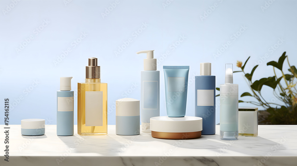 A collection of high-end beauty products, various sizes of bottles, and Customizable Packaging with empty labels for branding, displayed on an elegant marble surface against A collection of high-end beauty products, various sizes of bottles, and Customizable Packaging with empty labels for branding, displayed on an elegant marble surface against