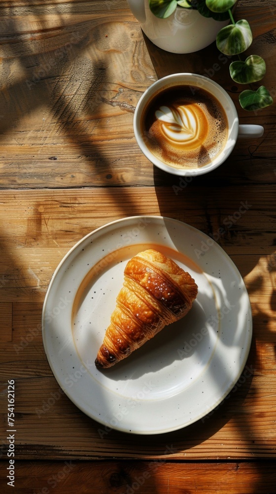 A white plate with a piece of pastry on it next to a cup of coffee. Generative AI.