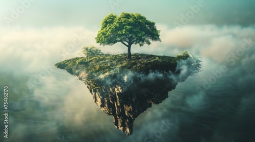 A small island with a tree levitating in the sky. Generative AI.