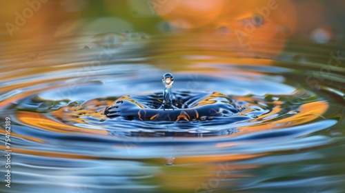 A close up of a water drop falling into a water drop. Generative AI.