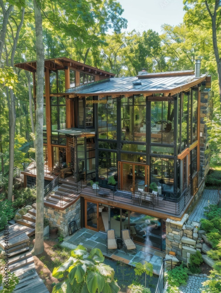 A large house in the woods with a large deck and stairs. Generative AI. A large house in the woods with a large deck and stairs. Generative AI.