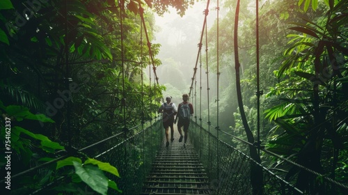 Two people walking across a suspension bridge in the jungle. Generative AI. photo