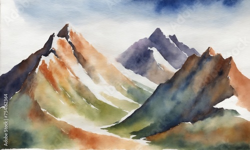 Watercolor mountain landscape. Hand drawn illustration with mountains and blue sky.