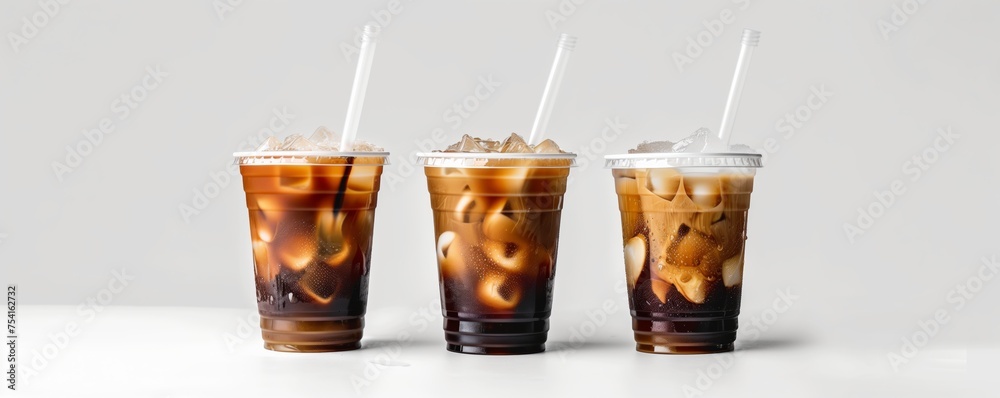 3 cups of iced coffee mockup with colored straws on a white background.