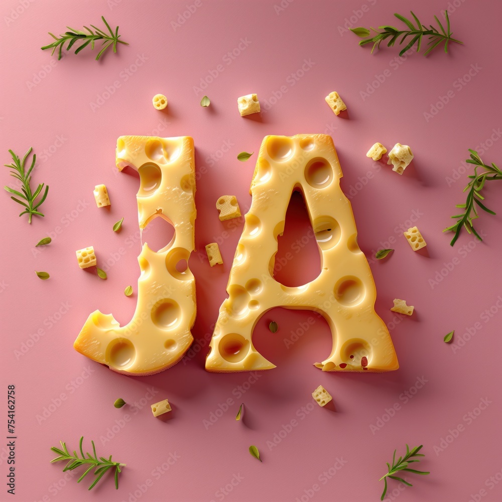 Ja zum Käse! Das Wort YES ist aus Käse zusammengesetzt. Der Käse ist in die Figur der Aufschrift yes gefaltet. Der Käse möchte wirklich, dass du ihn magst und zu dir Ja sagst. Positive Zeichen - obrazy, fototapety, plakaty 
