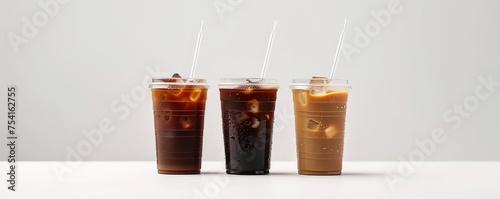 Three cups of iced coffee mockup with colorful straws on a white background. photo