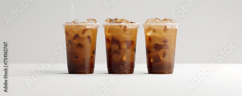 3 cups of iced coffee mockup with straws on a white background.