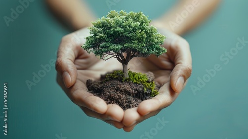 Generate a minimalist image featuring hands delicately cradling a miniature tree against a vibrant, clear white backdrop, reinforcing themes of environmental care and global consciousness.