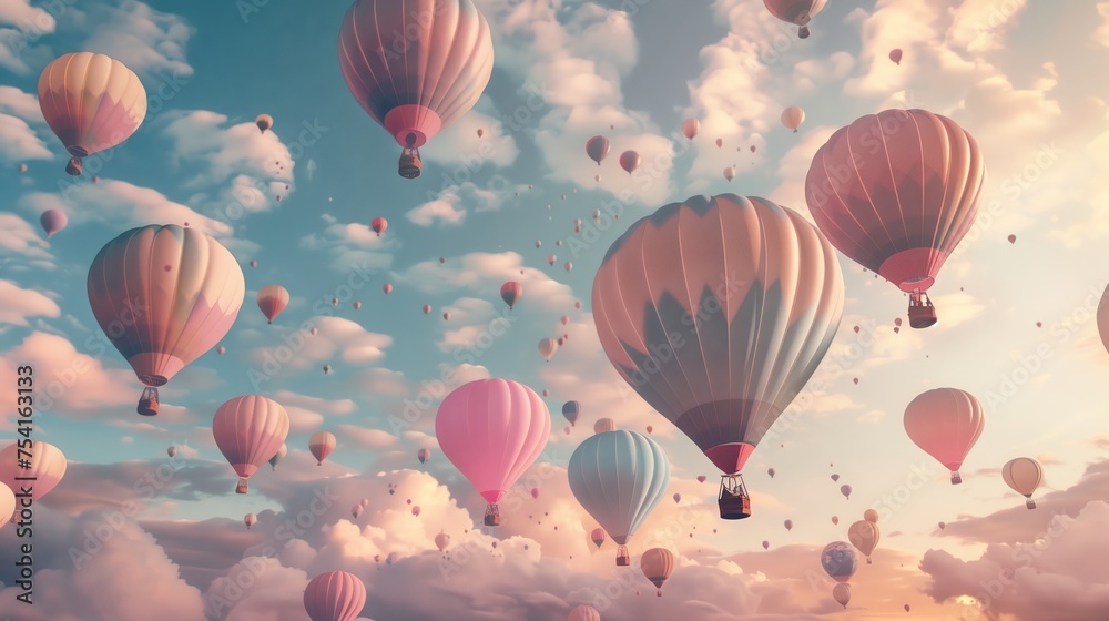 Fototapeta premium Many pastel-colored air balloons soar into the sky.