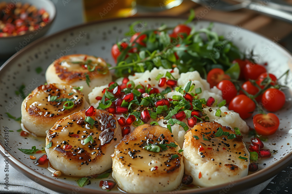 Seared Scallops With Colorful Vegetables on White Plate Seared Scallops With Colorful Vegetables on White Plate