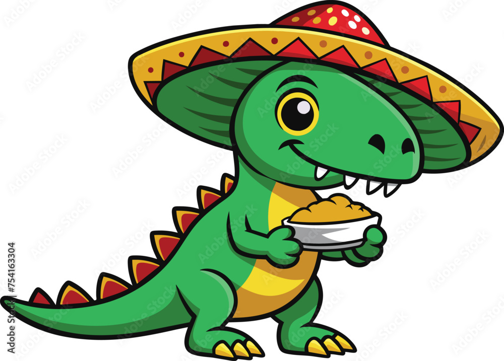 a-super-cute-dinosaur-with-sombrero-eating-taco vector.eps
