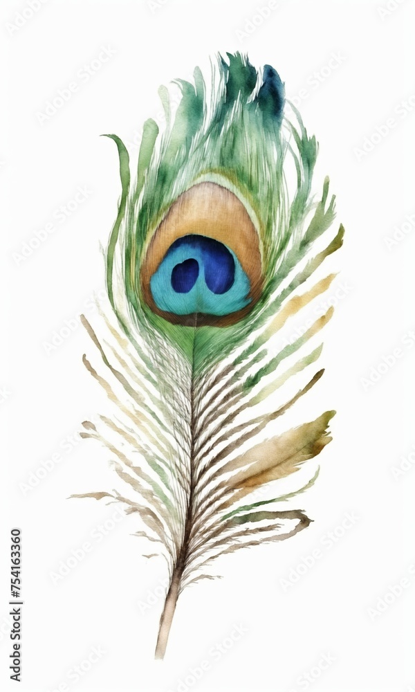 Fototapeta premium Watercolor peacock feather on white background. Hand drawn illustration.