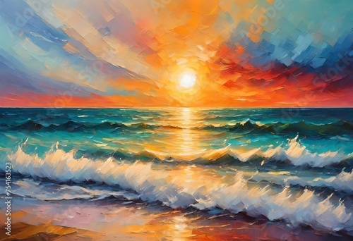 Colorful oil painting on canvas texture. Impressionism image of seascape paintings with sunlight background. Modern art oil paintings of sunset over sea and beach. Abstract contemporary- #754163523