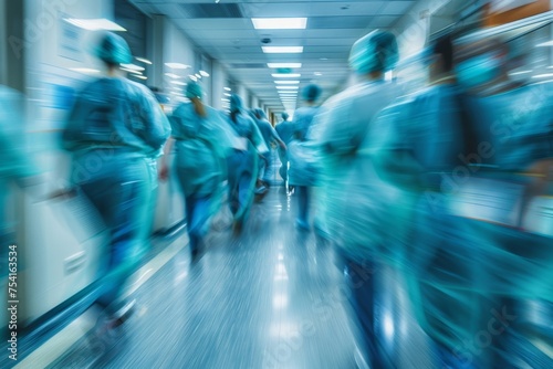 Hectic hospital hallway with moving medical professionals in scrubs.