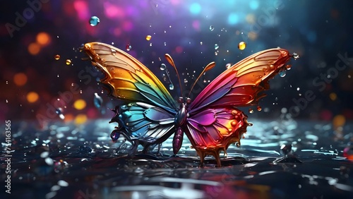 Butterfly on top of background, multicolor chrome, creative colorful sign made of water drops and smoke, butterfly background, artistic, ultra realistic, splash effect, incredible details, rich rainbo photo