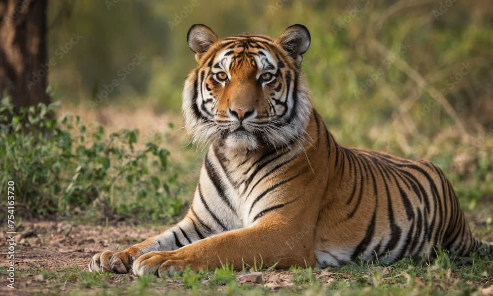 A tiger is laying down in the grass