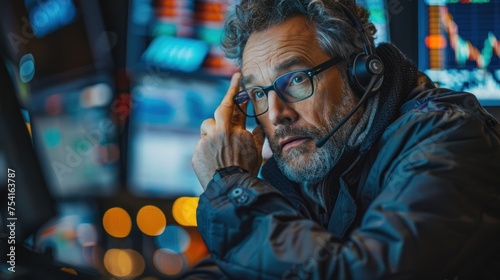 Middle-aged professional trader working on the stock exchange Male stylist communicates orders and sales over the phone. and show hand signals to speculate with brokers