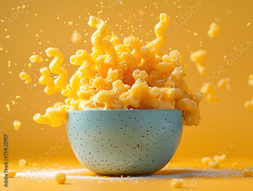 Delicious mac and cheese photography, explosion flavors, studio lighting, studio background, well-lit, vibrant colors, sharp-focus, high-quality, artistic, unique