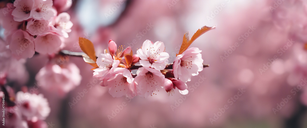 Cherry blossom in full bloom. Cherry fresh flowers in small clusters on a cherry tree branch, fading in to white. Shallow depth of field. Focus on center flower cluster, Spring pink flowers.