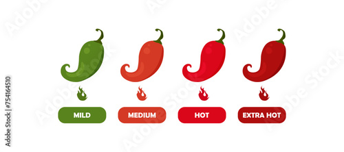 Set of chili peppers Mild green, medium, hot, extra hot. Peppers with varying degrees of heat, with levels of strength in the form of fire.
Vector on a white background, eps 10.