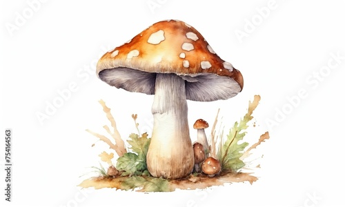 watercolor drawing of fly agaric mushrooms with grass isolated on white background