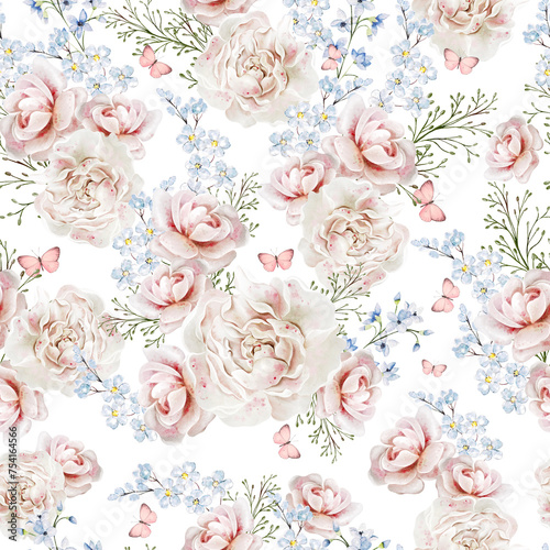 Watercolor tender floral seamless pattern with pink roses flowers and wild herbs.