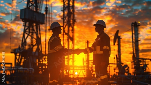 Silhouettes of two engineers holding hands holding a company contract outside in front of a gas station. People wearing helmets working in oil fields © sirisakboakaew