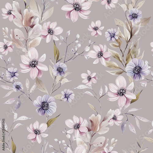 Watercolor pattern with the purple  pink  flowers and wild herbs.