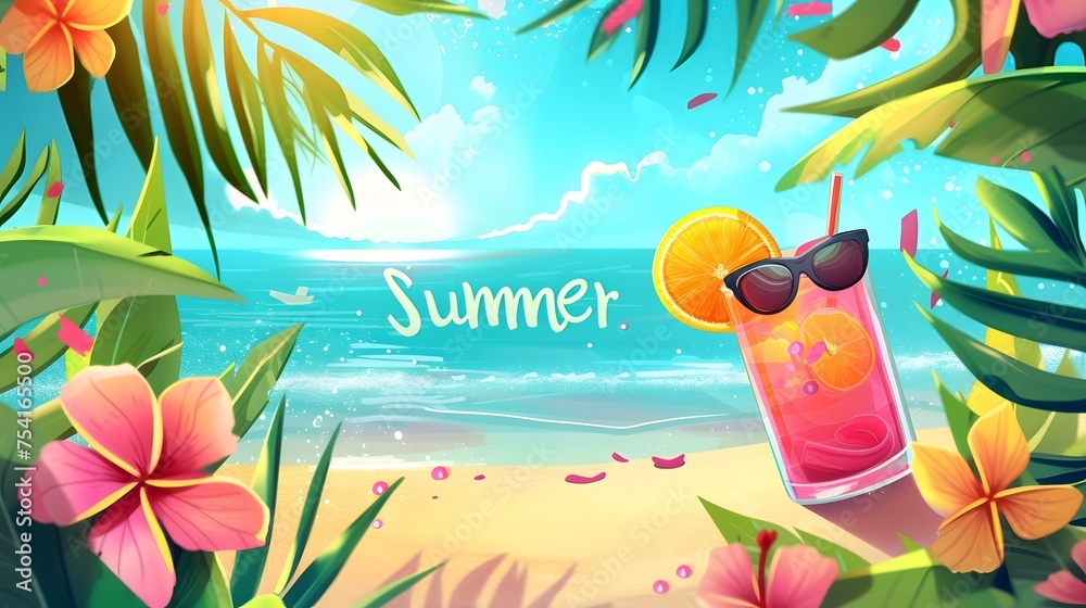 Illustrated Summer Beach Scene with Cocktail and Sunglasses