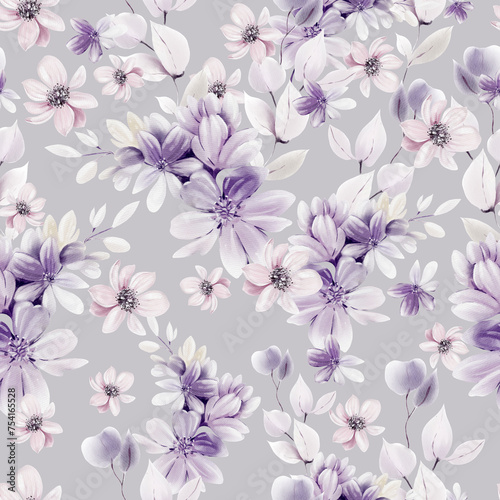 Watercolor pattern with the different purple flowers and wild herbs.