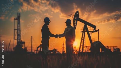 Silhouettes of two engineers holding hands holding a company contract outside in front of a gas station. People wearing helmets working in oil fields photo