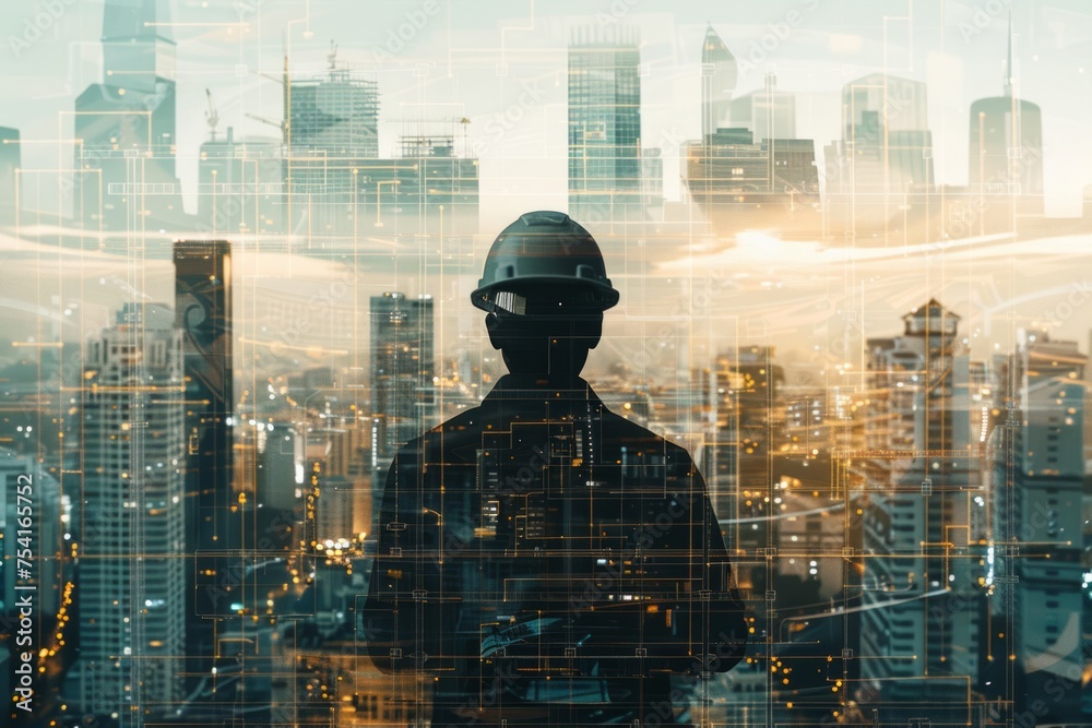 Rear view of a man in a hard hat looking out over a cityscape superimposed with architectural blueprints.