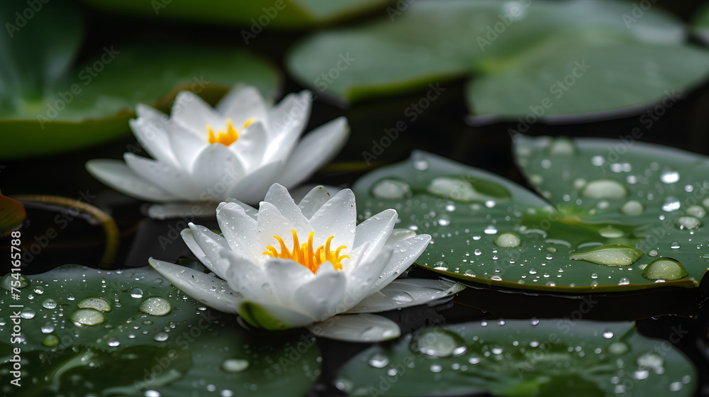 Vivid White Water Lilies and Lily Pads with Fresh Raindrops Close-up
