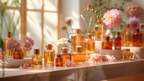 Warm Golden Hues of Skincare Bottles with Fresh Blooms