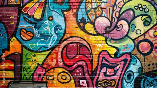 a colorful graffiti on a brick wall