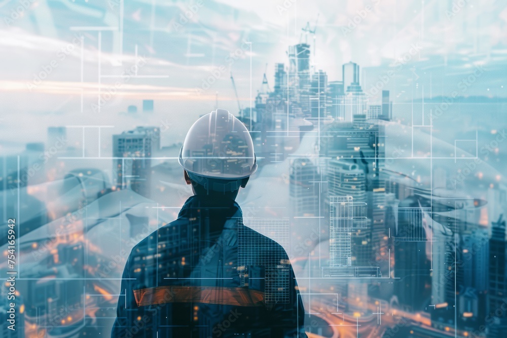 Rear view of a man in a hard hat looking out over a cityscape superimposed with architectural blueprints. - obrazy, fototapety, plakaty 